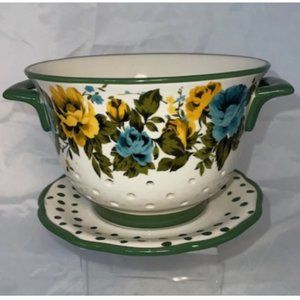 Pioneer Woman Rose Shadow Green Ceramic Berry Colander Strainer Drip Plate EUC